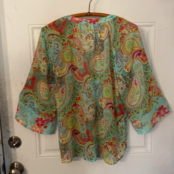 Anthropologie Fig and Flower Floral Sheer Flowy Button Top - Picture 2 of 12